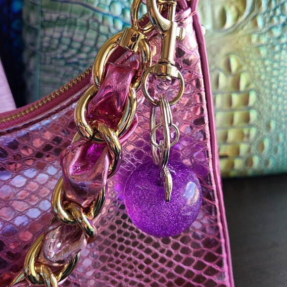 Purple Apple Purse Charm and Key Ring Sparkly Gold or Silver Toned Hardware - Picture 4 of 12